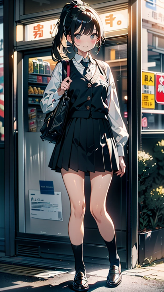 (8K, RAW Photos, 最high quality, masterpiece:1.2), high qualityのRAWカラー写真, Professional photo shoot, Cinematic Light, alone, (((young woman, Gal))), (Sharp features), (Small face), (Skin with attention to detail:1.2), clavicle, Cute face, Beautiful appearance, Long eyelashes,Girl Turning Around, smile, (Black Hair, Long straight line), High School Uniform, loafers,Knit grey vest、 Backpack, Night Park, Confident attitude, Capture the happy moment, Artistic painting,Attractive thighs, (A very fine touch:1.2),はにかんだsmile), Peaceful atmosphere, Oil painting style, Bright colors, (Are standing:1.5, Inside a convenience store, Full body portrait), Smooth texture, Gazing Eyes, Beautiful Skin, Shiny skin, ((Perfect Fingers, Five Fingers, Anatomically correct)), Background Blur, high quality, Surreal, ((Very detailed, photo shoot)),A large number of people、blush、plump、Black Hair、Tie-up hair、ponytail、mini skirt、heavy rain、、((チェック柄のmini skirt))、Checkered pleated skirt
