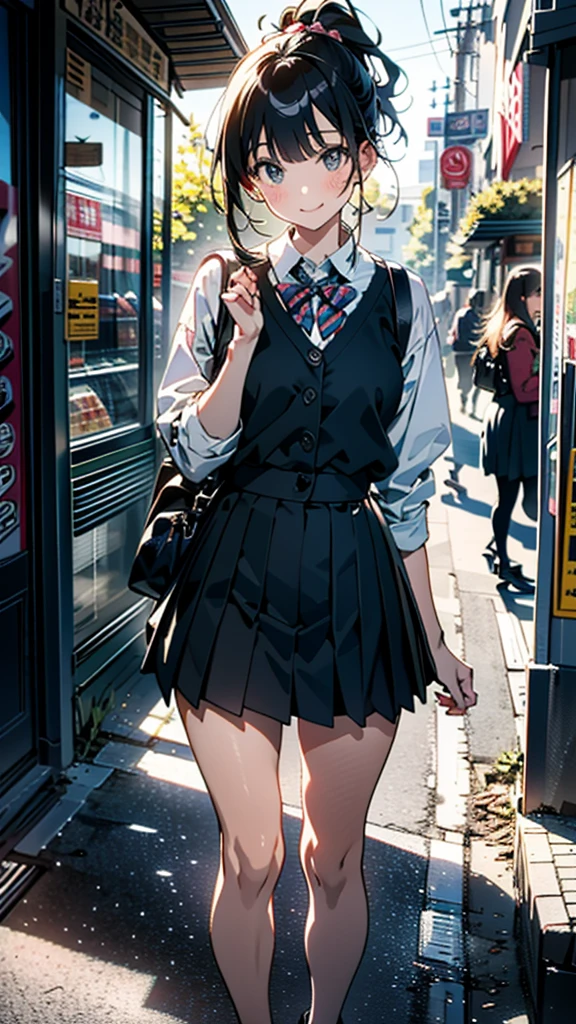 (8K, RAW Photos, 最high quality, masterpiece:1.2), high qualityのRAWカラー写真, Professional photo shoot, Cinematic Light, alone, (((young woman, Gal))), (Sharp features), (Small face), (Skin with attention to detail:1.2), clavicle, Cute face, Beautiful appearance, Long eyelashes,Girl Turning Around, smile, (Black Hair, Long straight line),  High School Uniform, loafers,Knit grey vest、 Backpack,  Night Park, Confident attitude, Capture the happy moment, Artistic painting,Attractive thighs, (A very fine touch:1.2),はにかんだsmile), Peaceful atmosphere, Oil painting style, Bright colors, (Are standing:1.5, Inside a convenience store, Full body portrait), Smooth texture, Gazing Eyes, Beautiful Skin, Shiny skin, ((Perfect Fingers, Five Fingers, Anatomically correct)), Background Blur, high quality, Surreal, ((Very detailed, photo shoot)),A large number of people、blush、plump、Black Hair、Tie-up hair、ponytail、mini skirt、heavy rain、、((チェック柄のmini skirt))、Checkered pleated skirt