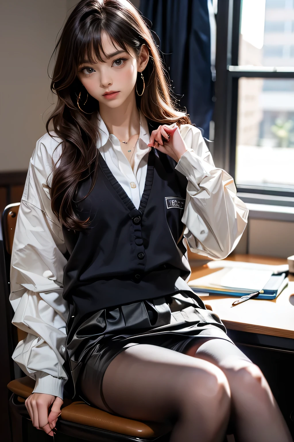 A masterpiece, high quality, highest aesthetic, 1 girl, , desk, sitting, school desk, brown hair, classroom, long hair, indoor, chair, looking at viewer, :p, focus only, brown eyes, skirt, long sleeves, pencil, 1 boy, pencil case, paper, black seraph, multiple girls, pleated skirt, sailor collar, bangs, headrest, school bag