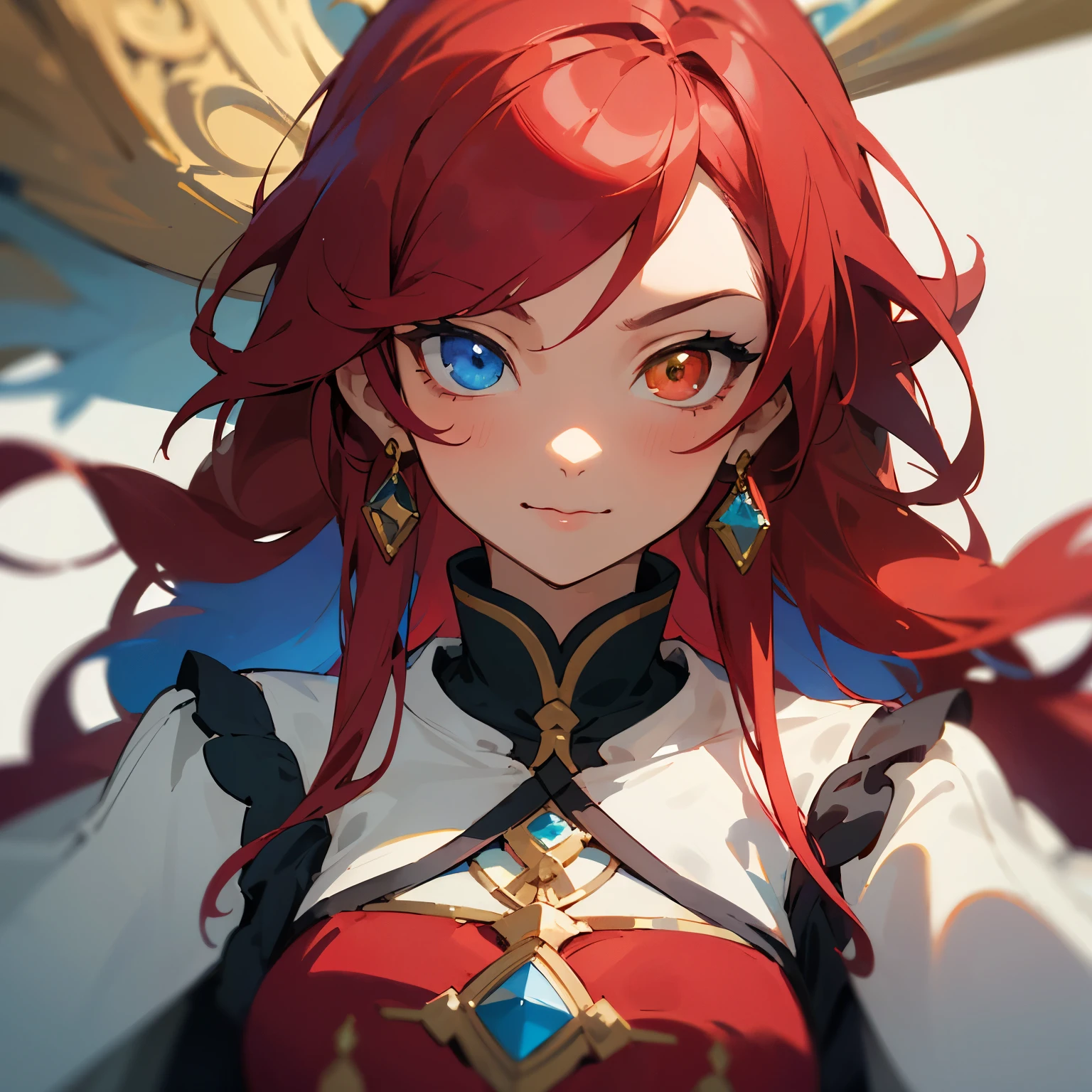 masterpiece, best quality, best quality, masterpiece, highres, focus, anime style, a closeup of a cartoon of a woman, girl design, portrait, giesha, anime image, long hair, red hair, heterochromia eyes, hair covering ears, polished and powerful look, exotic, tall, freckles, cheerful, luxury clothing, colorful, colors