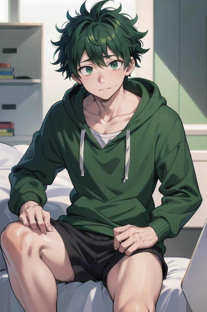 Izuku Midoriya, deku, male focus, green hair, green eyes, blush, looking at viewer, face, detailed skin, freckles, collarbone, slim, narrow waist, black alan walker hoodie with white alan walker logo design of a letter "A" and "W" combined letters,  simple background, masterpiece, best quality