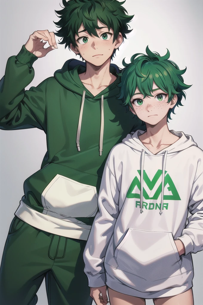 Izuku Midoriya, deku, male focus, green hair, green eyes, blush, looking at viewer, face, detailed skin, freckles, collarbone, slim, narrow waist, black alan walker hoodie with white alan walker logo design of a letter "A" and "W" combined letters, simple background, masterpiece, best quality