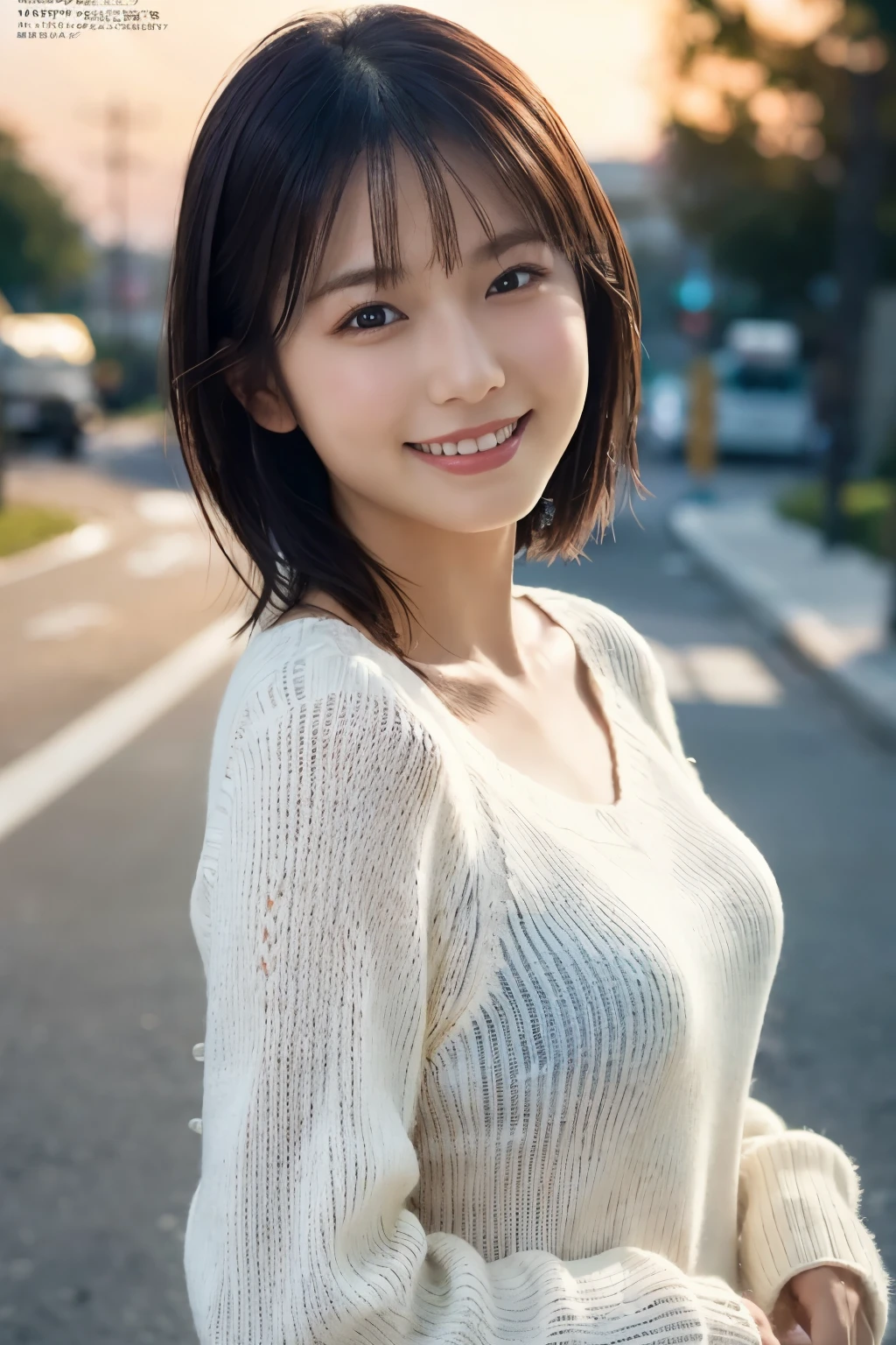 1 Girl, (Wearing a white summer sweater:1.2), Very beautiful Japanese idol portraits, 
(RAW Photos, Highest quality), (Realistic, Realistic:1.4), (masterpiece), 
Very delicate and beautiful, Very detailed, 2k wallpaper, wonderful, finely, Very detailed CG Unity 8K 壁紙, Very detailed, High resolution, Soft Light, 
Beautiful detailed girl, Very detailed目と顔, Beautiful and sophisticated nose, finelyて美しい目, Cinema Lighting, 
(Fashion magazine photography:1.3), (Outdoor), (Sunset sky),
(short hair), 
Complete Anatomy, Slender body, Small breasts, smile