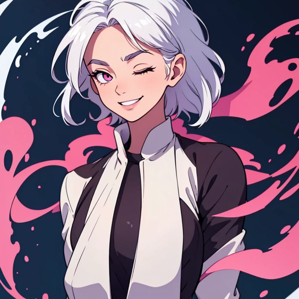 short white hair, highres, high resolution, masterpiece, wide dark pink eyes, looking right, looking towards the right, looking rightward, head looking down, facing down, looking straight down, looking seriously down, looking into camera, head tilting down, head facing down, talking, grinning, confident, masterpiece, best quality, highres, 1 man, Gojo Satoru jujutsu kaisen, wavy hair, white hair, medium short hair, teenager, colorful hair, light background, full body, teenager, colorful parts, symbols, dark , bold, realistic mixing dark lines and loose lines, bold lines, on paper, human man, full body, imposing pose, stylish outfit, dark theme, beautiful, pretty, modest, standing, male, sharp chin, high cheekbones, white background, highres, high resolution, masterpiece, grinning, smiling, friendly smirk, mouth open, talking speaking, winking one eye closed, one eye shut, one eye gone