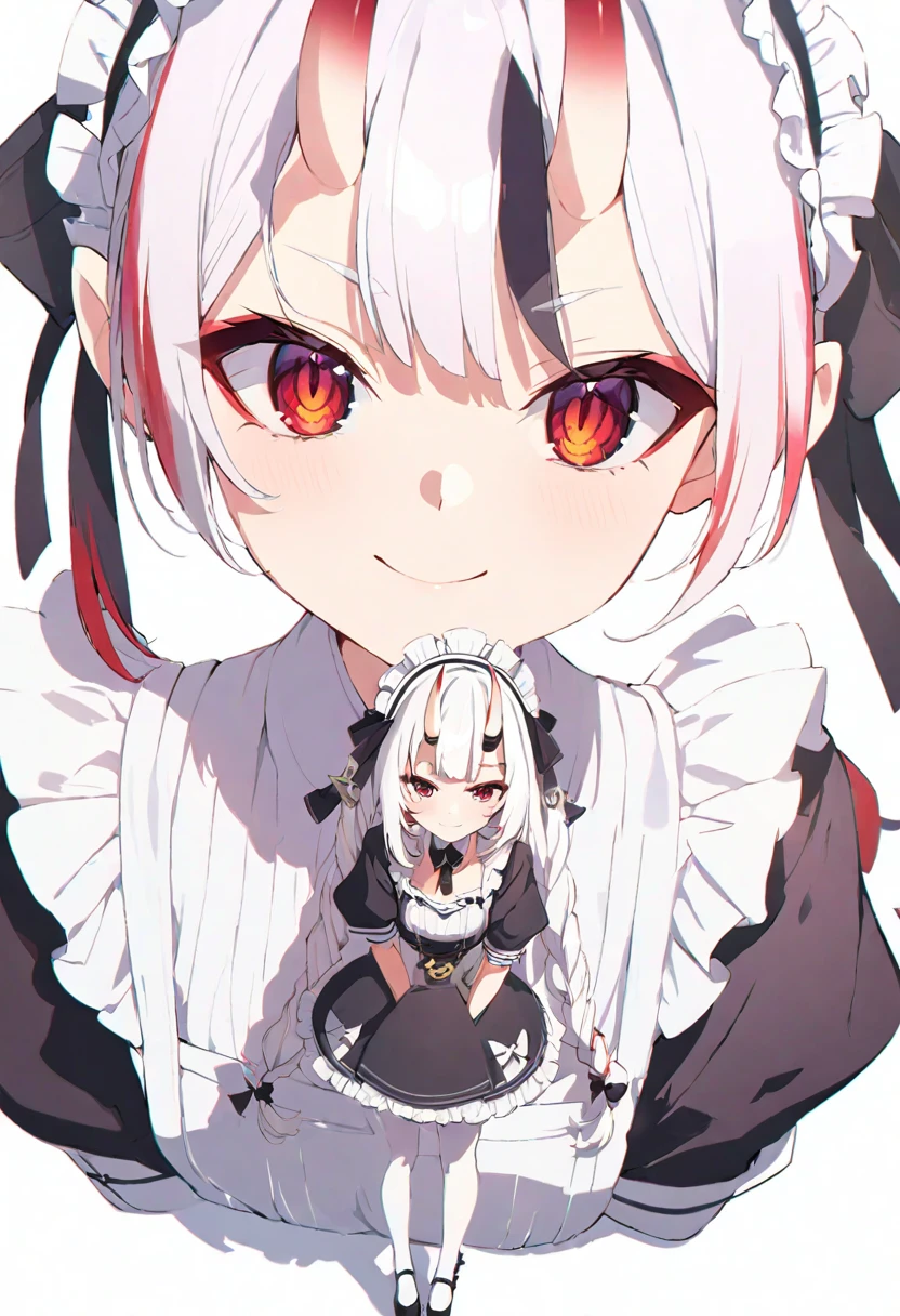 (muste piece), (best quality), very detailed eyes, expressive eyes, perfect face, very detailed face, highly detailed face, beautiful girl, 8K, beautiful girl, white background, delicate and beautiful face and eyes, dark intense shadow, 1 girl, vtuber style, cool girl, hololive, Nakiri Ayame, oni horns, maid uiform, small chest, smile, white pantyhose, maid shoes, (full body), standing,