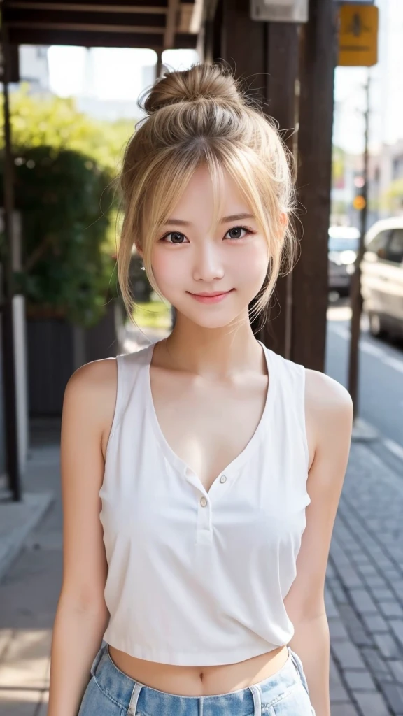 Top quality, 1 beautiful woman, around 20 years old,Bun Hair, blonde hair,waitress, soft-looking chest,shy-smile, Sunlight, at street,accurate structure of the limbs