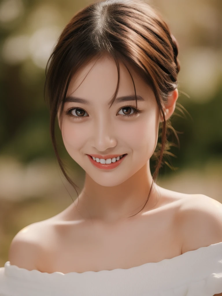best quality, masterpiece, ultra high res, photorealistic, 1girl, offshoulder, smile