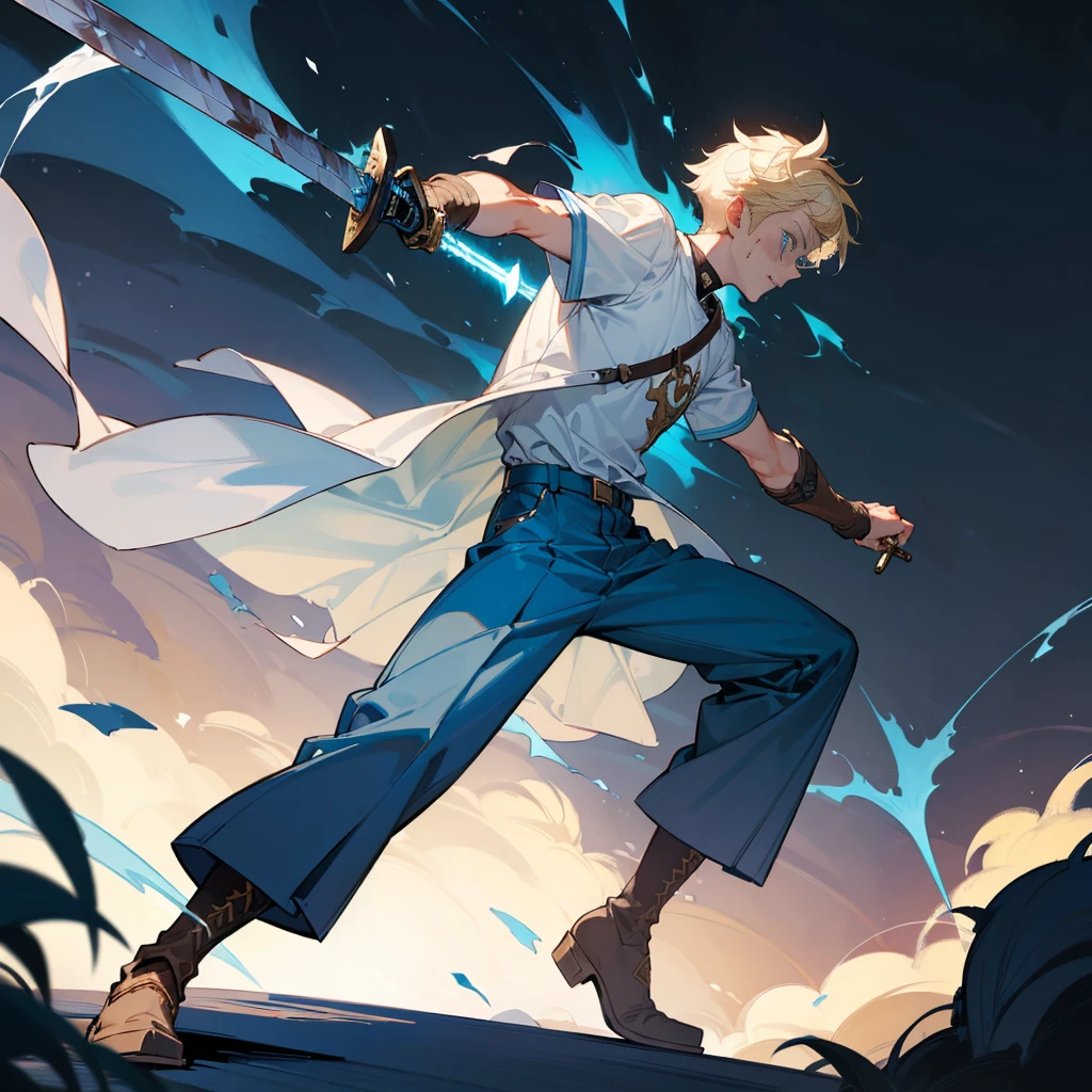1character, Full body version, Viking boys, 1boys, albino skins, blue eyes, faux hawk hair, blonde colour hair, blue short sleeve shirt, blue trousers, boots, His clothes were full of blood, his face was flowing with blood, his hands were bleeding, he had wounds, his face was bleeding, his body was bleeding, ((long sword in hand, in a fighting pose, the long sword emits blue light, lightning flashes in the blade)), Grassroots, full background in a wide field, gusts of wind, the silhouette of moonlight, the moon, at night, the stars in the night sky