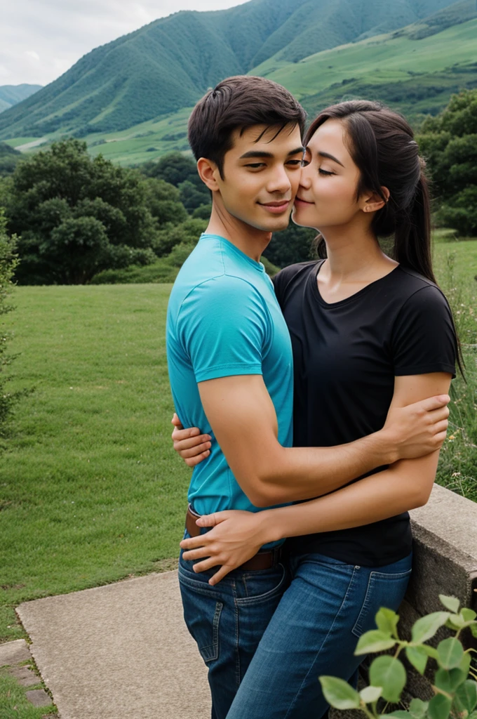 A 20 year old couple hugging each other in a beautiful nature scenery anime