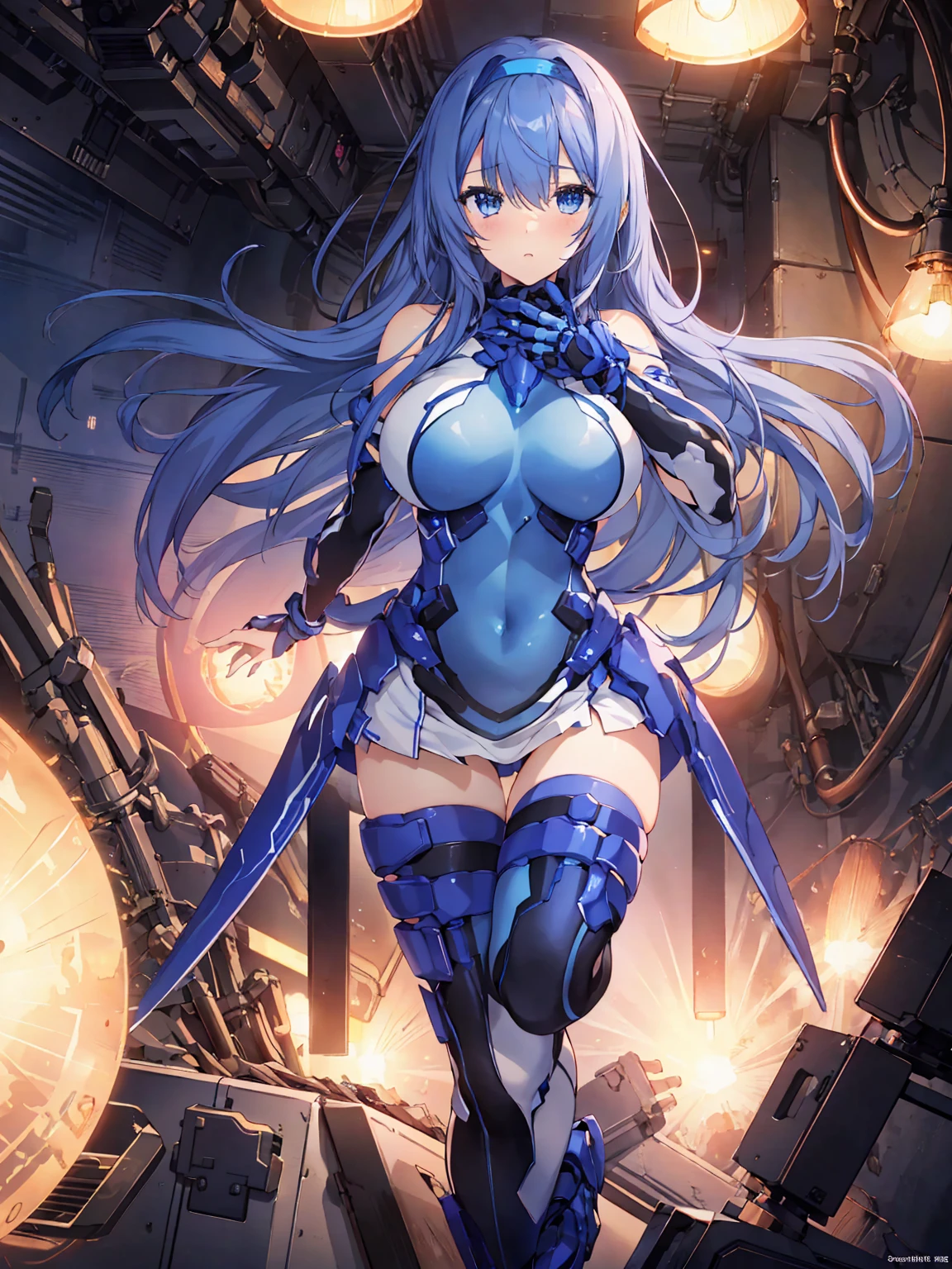 masterpiece, Highest quality, Anime Style,Official Art Beautiful Lighting, 1 Girl, bangs, Inside a futuristic base, whole body, Blue and white outfit, masterpiece,Noise Reduction,perfect anatomy,high resolution, ultra-detailed,game cg,dutch angle ,beautiful detailed eyes,visualart,five fingers, perfect hands, perfect lighting,