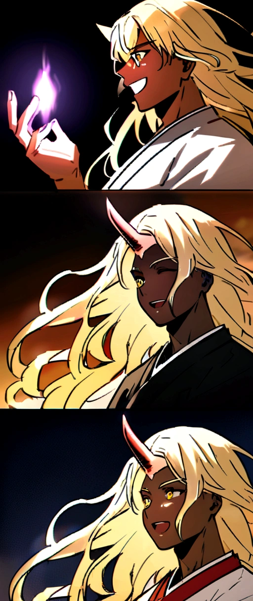 Beautiful young man with blond hair and dark skin, 27 years old, Yellow Eyes, A single red horn grows from the right side of its head..., Wearing traditional Korean clothing, Waist-length flowing hair.Using magic and laughing happily.