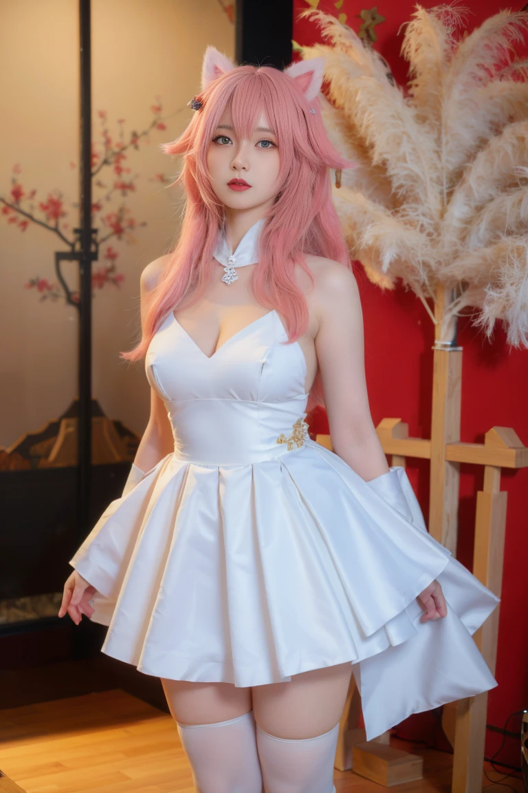best quality, tmasterpiece,Ultra-high resolution,Clear face,(Reality:1.4),ferpect lighting,(upper body photo), (photorealistic:1.50), anime wallpaper, Guviz style artwork, cover-up fantasy up to magic , by Yang J, Guviz, beautiful artwork illustration, beautiful digital artwork, beautiful digital illustration, Li Song, beautiful anime portrait, art style in Beauvot, 1girl,独奏,medium breasts,indoors,wedding dress,white dress,white thighhighs, Animal ears, pink hair, long hair, Gold colored jewelry, (jewelry:1.3),Earring,(standing), (looking at viwer,