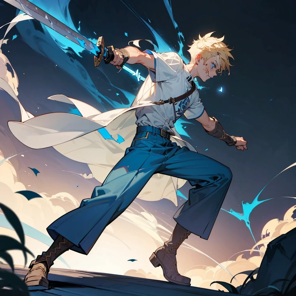 1character, Full body version, Viking boys, 1boys, albino skins, blue eyes, faux hawk hair, blonde colour hair, blue short sleeve shirt, blue trousers, boots, His clothes were full of blood, his face was flowing with blood, his hands were bleeding, he had wounds, his face was bleeding, his body was bleeding, ((long sword in hand, in a fighting pose, the long sword emits blue light, lightning flashes in the blade)), Grassroots, full background in a wide field, gusts of wind, the silhouette of moonlight, the moon, at night, the stars in the night sky