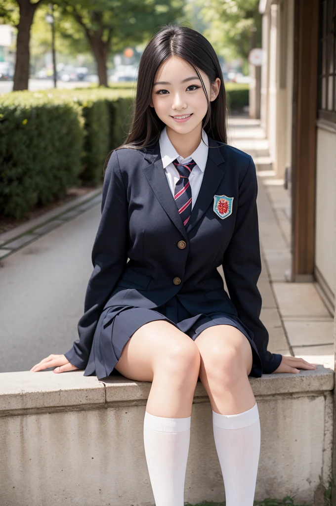 Pure Japanese school girl, sexual attractive, sweet temptation, outstanding body, beautiful legs, wearing uniform, black color high socks, loafers, panty, natural long hair, sweet smile, sitting, refreshing in early summer, professional portrait photography, composition from the front,