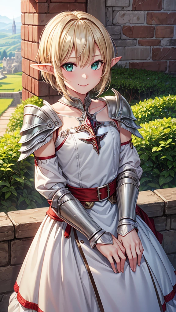 Cowboy Shot、Masterpiece、high resolution、high quality、32k、(Elf Woman、Blonde、short hair、Green Eyes、Shining silver, noble armor、Red clothing、Shoulder rest、tiny hand)、Smiling Kindly、Look up at me、Castle walls