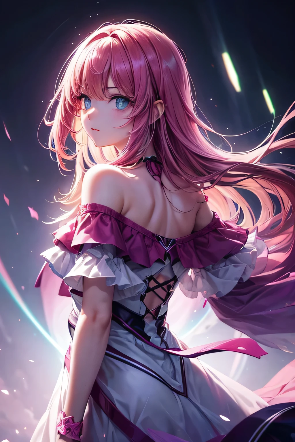 Fluorescent color, 1 Girl, Look to the side, Beautiful Face, Beautiful Eyes, (Off the shoulder: 1.2), Upper Body, Shiny Hair, Shiny skin, Glow luminescence cut, Finger ratios are adjusted, dark, throw, Dynamic Angle, (((masterpiece))), (((Highest quality))), ((Super detailed)), (figure), (Detailed light), ((Very delicate and beautiful)), dramatic_Shadow, Ray_trace, reflection, Ultra-high resolution, laser, Little,dark色の服,pink