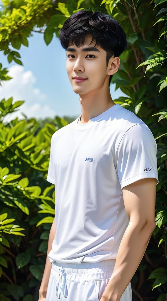 (As a matter of fact, Masterpiece, 8k HD, good light quality, sportswear, fit the face, complicated details), Handsome Korean young man, 20 years old, be happy, smile brightly, detailed face, delicate eyes, มองดูsky, Wear casual clothes, period, black eyes, Black hair color, ผมsmooth, smooth, outdoor sports, Along the garden, Sunny,sky，Surreal，Awesome details，Highest quality，real，