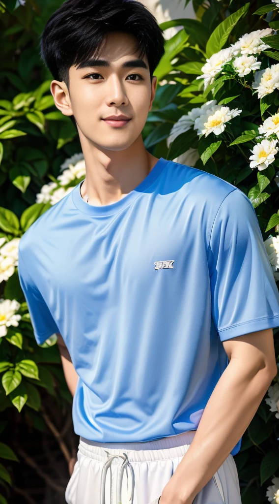 (As a matter of fact, Masterpiece, 8k HD, good light quality, sportswear, fit the face, complicated details), Handsome Korean young man, 20 years old, be happy, smile brightly, detailed face, delicate eyes, มองดูsky, Wear casual clothes, period, black eyes, Black hair color, ผมsmooth, smooth, outdoor sports, Along the garden, Sunny,sky，Surreal，Awesome details，Highest quality，real，