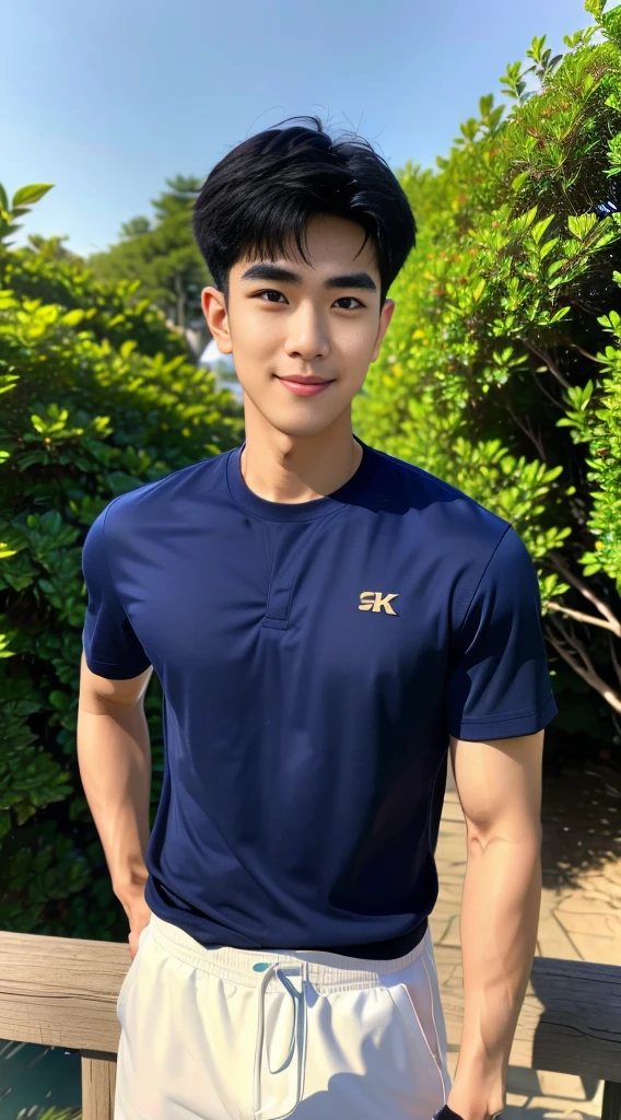 (As a matter of fact, Masterpiece, 8k HD, good light quality, sportswear, fit the face, complicated details), Handsome Korean young man, 20 years old, be happy, smile brightly, detailed face, delicate eyes, มองดูsky, Wear casual clothes, period, black eyes, Black hair color, ผมsmooth, smooth, outdoor sports, Along the garden, Sunny,sky,Surreal,Awesome details,Highest quality,real,
