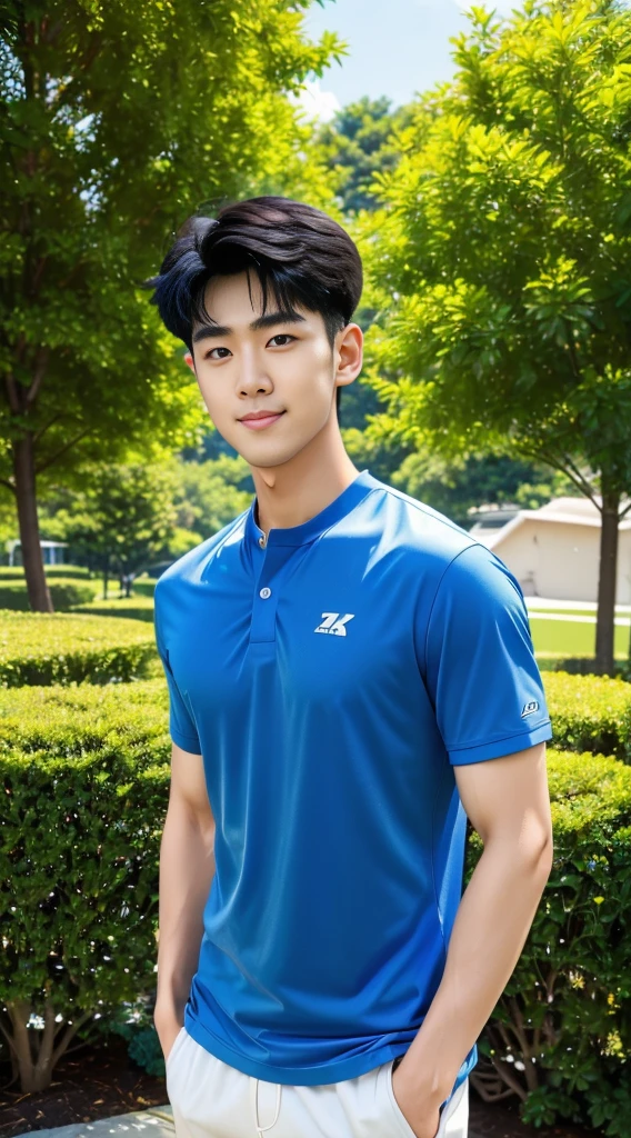 (As a matter of fact, Masterpiece, 8k HD, good light quality, sportswear, fit the face, complicated details), Handsome Korean young man, 20 years old, be happy, smile brightly, detailed face, delicate eyes, มองดูsky, Wear casual clothes, period, black eyes, Black hair color, ผมsmooth, smooth, outdoor sports, Along the garden, Sunny,sky，Surreal，Awesome details，Highest quality，real，