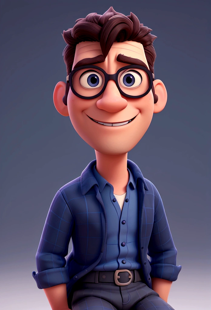 Cartoon character of a man in black glasses and blue shirt, an animated character, stylized character, animation style rendering, 3d stylized, Arnold Maya rendering, Stylized 3D rendering, toon render screenshot, 3d character, 3d character, Stylized 3D rendering, 3D character rendering, cartoon character, Personagem de close up, character posing, (Pixar-style) (master part:1.2) (bokeh) (best qualityer) (skin detailed) (detailed texture) (8K) (Argilla) (cinematic lighting) (sharp focus，Sit down and lift your upper body