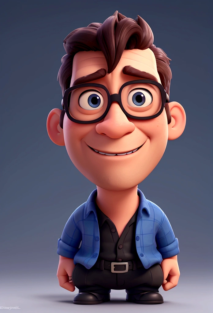 Cartoon character of a man in black glasses and blue shirt, an animated character, stylized character, animation style rendering, 3d stylized, Arnold Maya rendering, Stylized 3D rendering, toon render screenshot, 3d character, 3d character, Stylized 3D rendering, 3D character rendering, cartoon character, Personagem de close up, character posing, (Pixar-style) (master part:1.2) (bokeh) (best qualityer) (skin detailed) (detailed texture) (8K) (Argilla) (cinematic lighting) (sharp focus,Sit down and lift your upper body