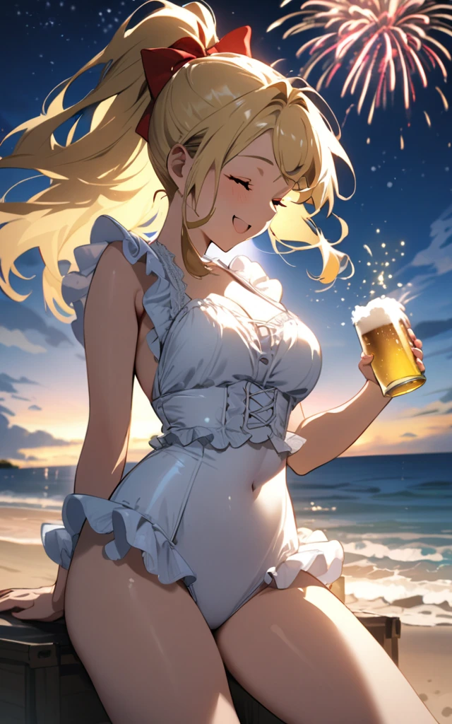 (masterpiece)、(absurdres)、(ultra detailed)、((solo lady)、(blonde hair:1.0)、(shiny red eyes:0.7)、(highponytail:0.9)、(a little red libbon:0.8)、(long hair:0.7)、((middle :0.8))、BREAK,Frills、White one-piece swimsuit、BREAK,Seaside beach、Toast with a beer mug、closed eyes,smile,Fireworks and starry sky、