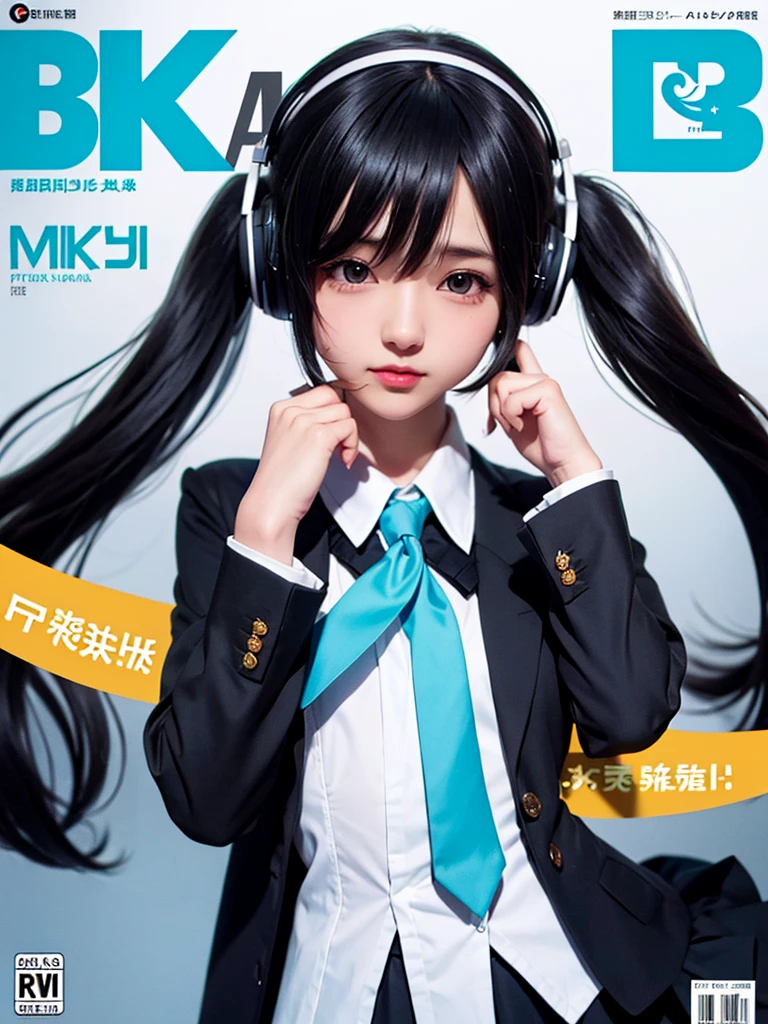 magazine cover、Hatsune Miku Cosplay、Black Hair、The hair is very short、Twin tails、I have headphones on、Singing a song with a microphone、Pleated skirt、Sailor suit、tie、flat chest、Realistic photos、Realistic、8K quality、tall、No bangs、Close up on face、The background is simple、very short hair、35歳