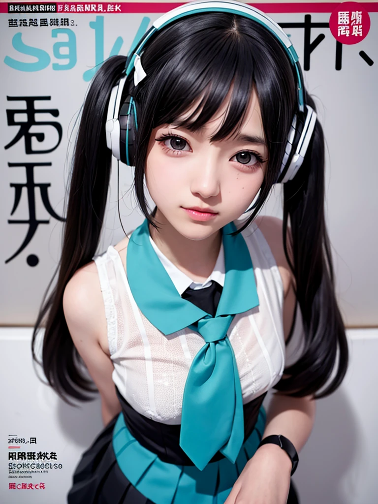 magazine cover、Hatsune Miku Cosplay、Black Hair、The hair is very short、Twin tails、I have headphones on、Singing a song with a microphone、Pleated skirt、Sailor suit、tie、flat chest、Realistic photos、Realistic、8K quality、tall、No bangs、Close up on face、The background is simple、very short hair、35歳