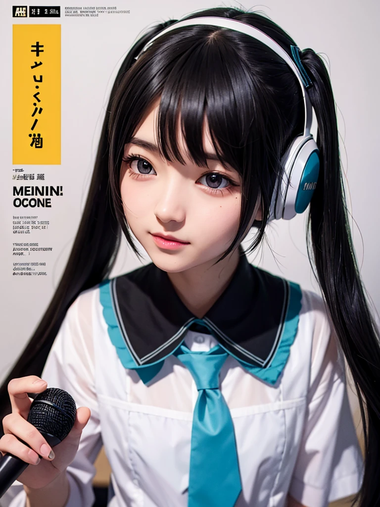 magazine cover、Hatsune Miku Cosplay、Black Hair、The hair is very short、Twin tails、I have headphones on、Singing a song with a microphone、Pleated skirt、Sailor suit、tie、flat chest、Realistic photos、Realistic、8K quality、tall、No bangs、Close up on face、The background is simple、very short hair、35歳