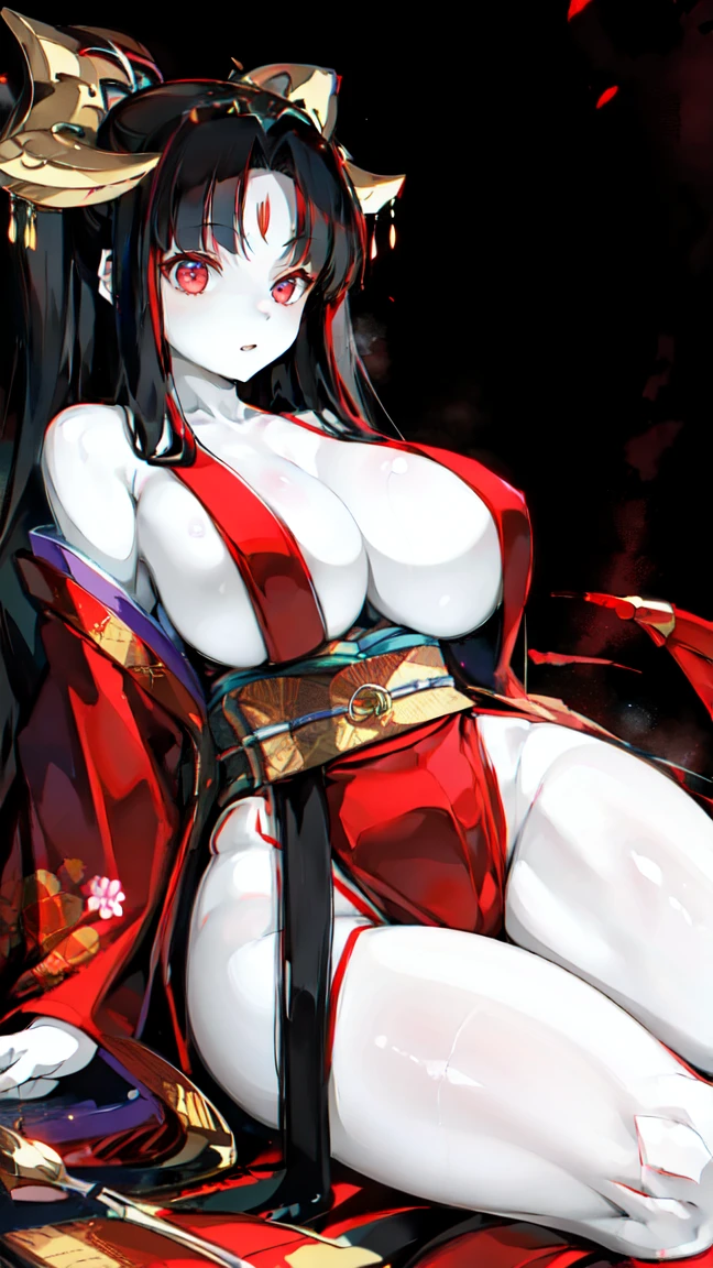(masterpiece, best quality, perfect face, (beautiful and aesthetic:1.2), extremely detailed, highest detailed face), (beautiful whitedevil, (red eyes:1.2), third eye, (flawless pale skin:1.3), fake breasts, (narrow waist), (thicc thighs), wide hips, long legs), (slender body:1.2), ((night:1.4)), (wearing kimono), (sexy pin-up pose:1.3), (high quality, hyperrealistic, CG, unity, 4k),