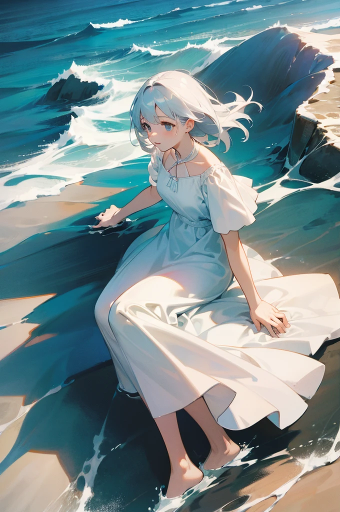 high resolution、Ocean、in the Ocean、female、White Dress、The bottom of the dark sea、Light from above