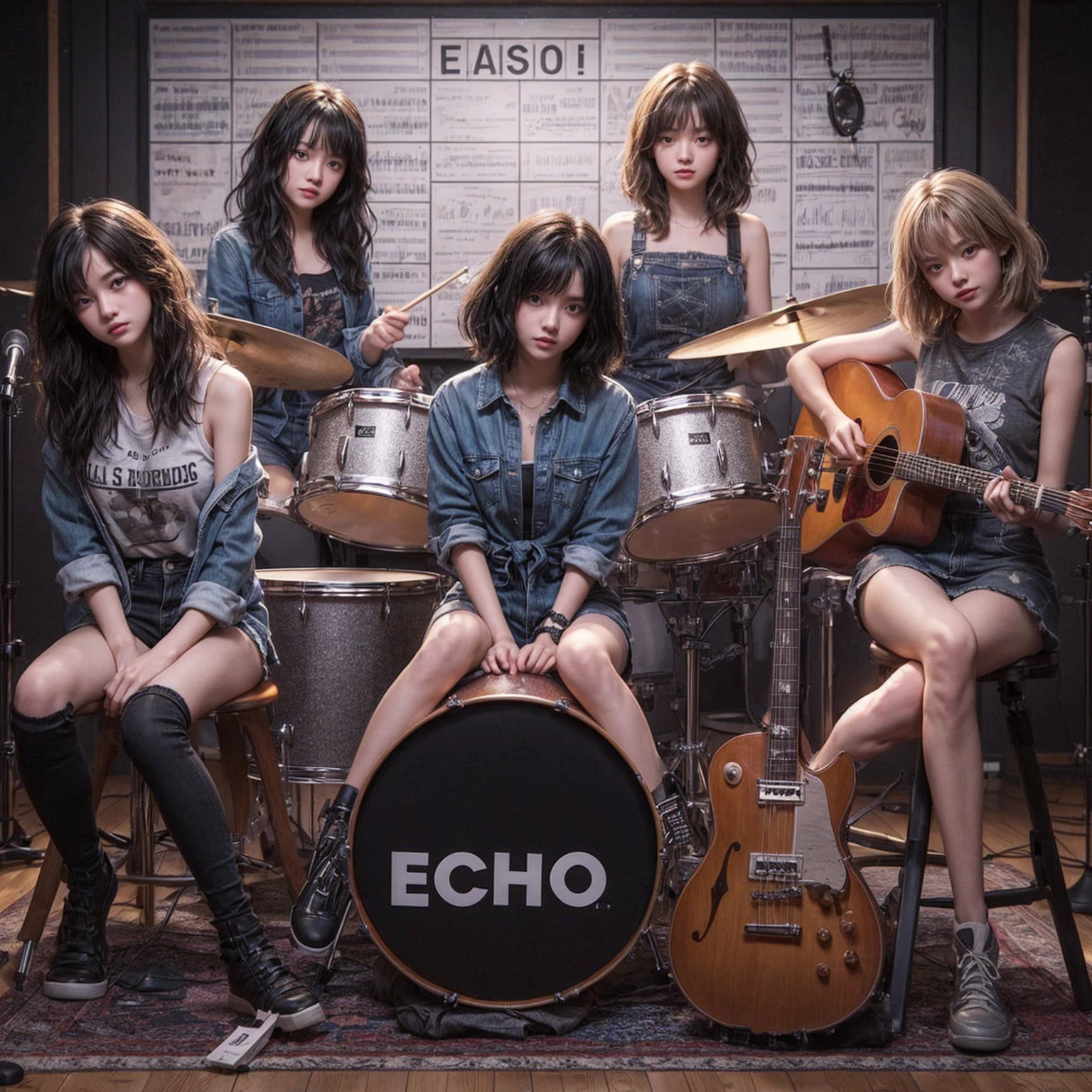 **Photo of 5 beautiful girls, aged 18 to 20, sitting:**

- **3 girls with messy black hair**
- **1 girl with wavy bob black hair**
- **1 girl with a black ponytail**

One girl is playing the drums, one girl is playing the piano, one girl is playing the bass guitar, one girl is playing the guitar, and one girl is singing. They are sitting behind a board with the word "ECHO" written on it. The background is a music studio, complete with drums, guitars, bass guitar, and piano. The image is ultra HD, 4k, photorealistic, raw, and a masterpiece.