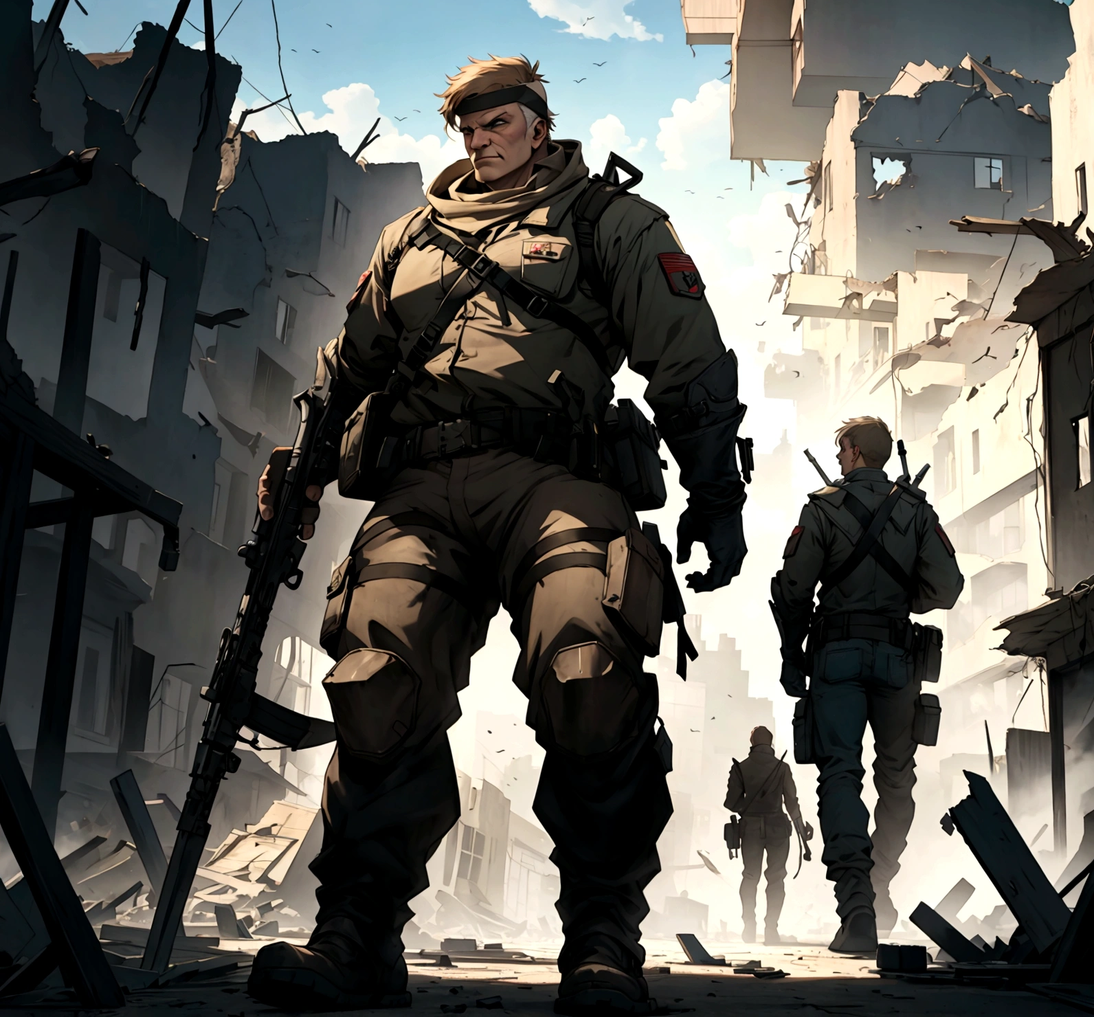 all standing in a destroyed town