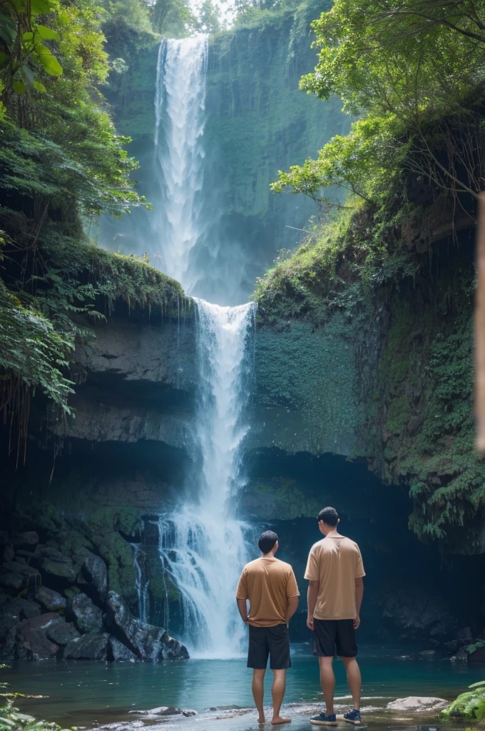 one guy stands near the waterfall and admires