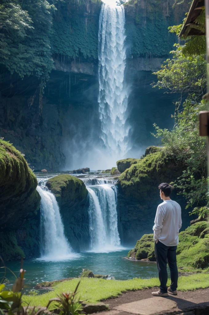 one guy stands near the waterfall and admires