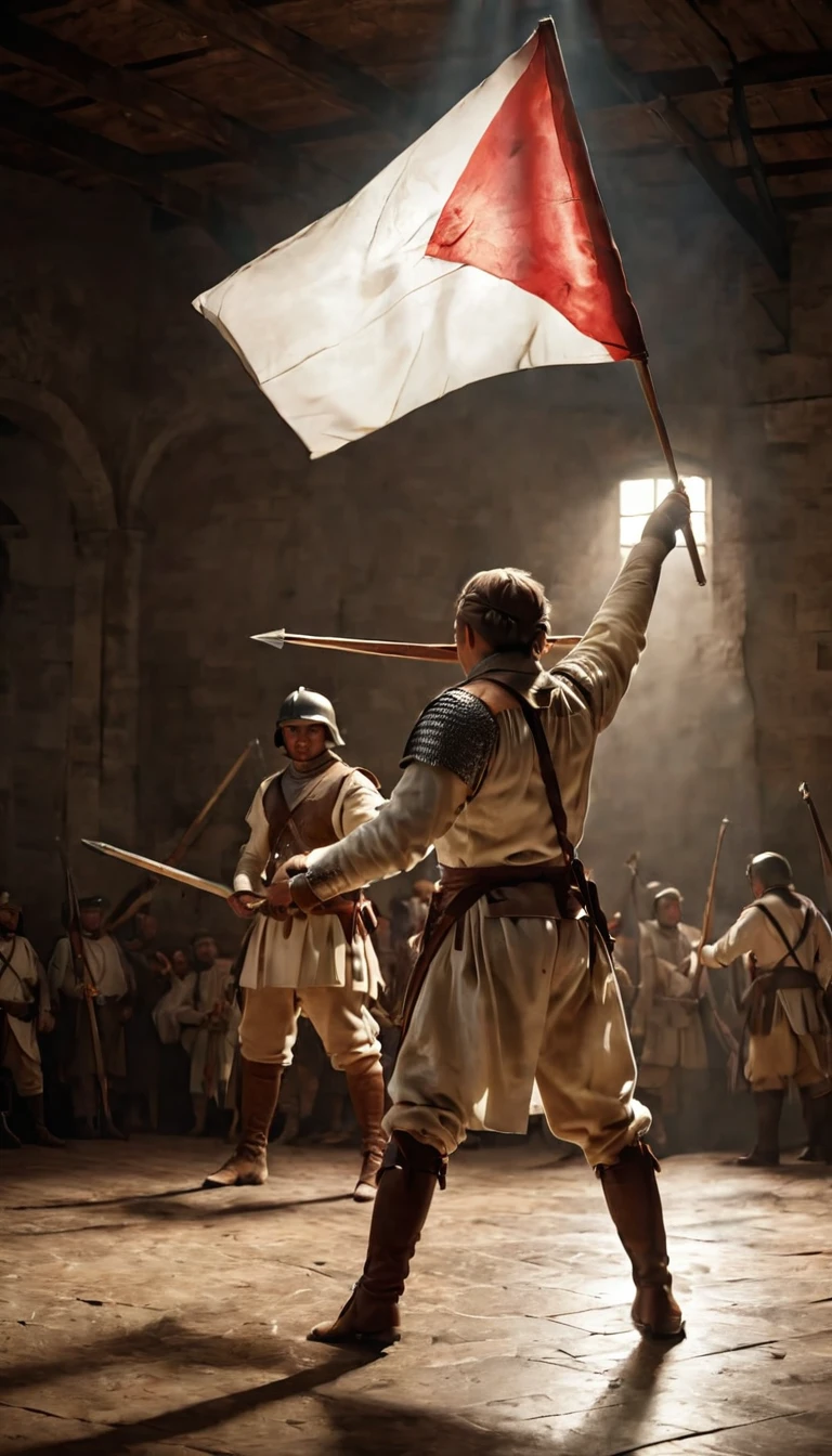 Actors in a historical reenactment raising a white flag in a staged battle, holding a white flag, hyper realistic, ultra detailed hyper realistic, photorealistic, Studio Lighting, reflections, dynamic pose, Cinematic, Color Grading, Photography, Shot on 50mm lens, Ultra-Wide Angle, Depth of Field, hyper-detailed, beautifully color, 8k, golden light from the front,