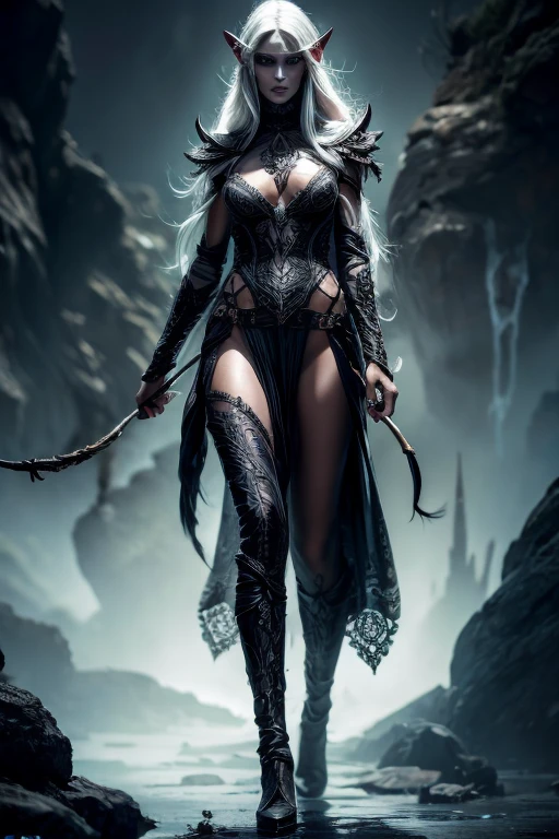 A beautiful dark elf woman, drow, with dark grey skin and long white hair, intricate detailed facial features, porcelain skin, striking eyes, full lips, slender figure, detailed clothes, bow and arrows, dramatic lighting, dramatic fantasy scene, dark moody atmosphere, detailed textures, highly detailed, 8k, cinematic, award-winning artwork, digital painting, concept art, photorealistic, full body shot