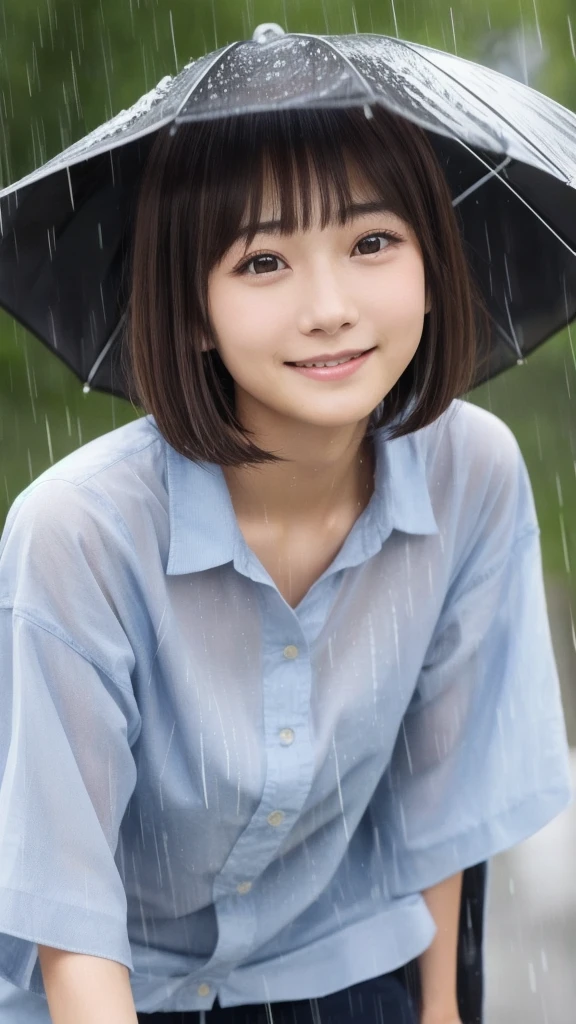 Top quality, 1 beautiful Japanese Actress, 15 years old,Bob Hair,blunt bangs, brown hair, shy-smile, beautiful face,large dark eyes,,real skin,In the rain Soaked