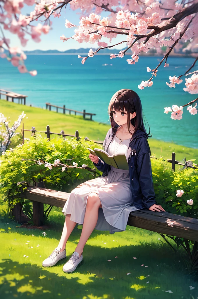 Girl reading a book by the lake, Bright colors, spring, Willow Branch, comfortable, Warm sunshine