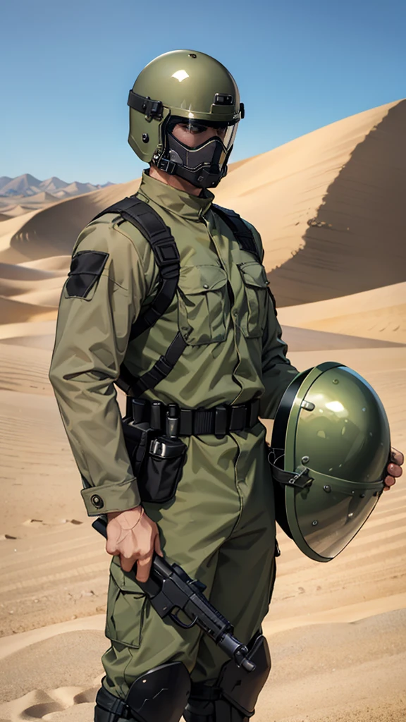 olive green armed guard with helmet and riot shield looking angry at me in desert