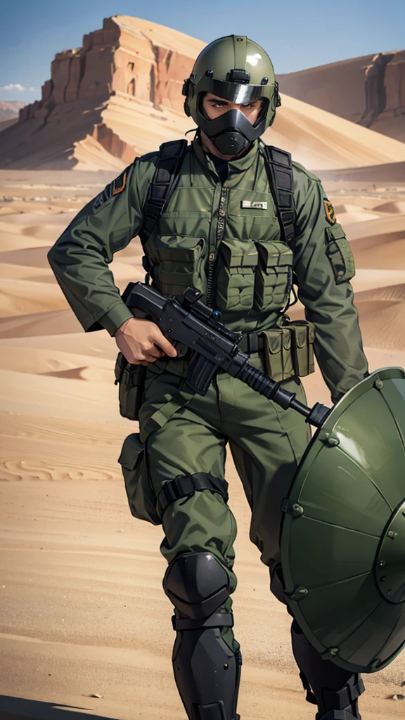 olive green armed guard with helmet and riot shield looking angry at me in desert