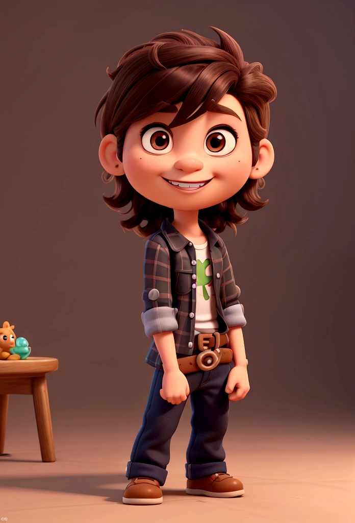 Cartoon character of a baby less than 1 year old, brown eyes and hair, the hair is straight but with a slight wavy on top, has a toothless smile with just two teeth, His clothes are a black plaid shirt and blue jeans., on the belt a buckle and a brown boot, stylized character, animation style rendering, 3d stylized, Arnold Maya rendering, Stylized 3D rendering, toon render screenshot, 3d character, 3d character, Stylized 3D rendering, 3D character rendering, cartoon character, Personagem de close up, character posing, (Pixar-style) (master part:1.2) (bokeh) (best qualityer) (skin detailed) (detailed texture) (8K) (Argilla) (cinematic lighting) (sharp focus,Sit down and lift your upper body