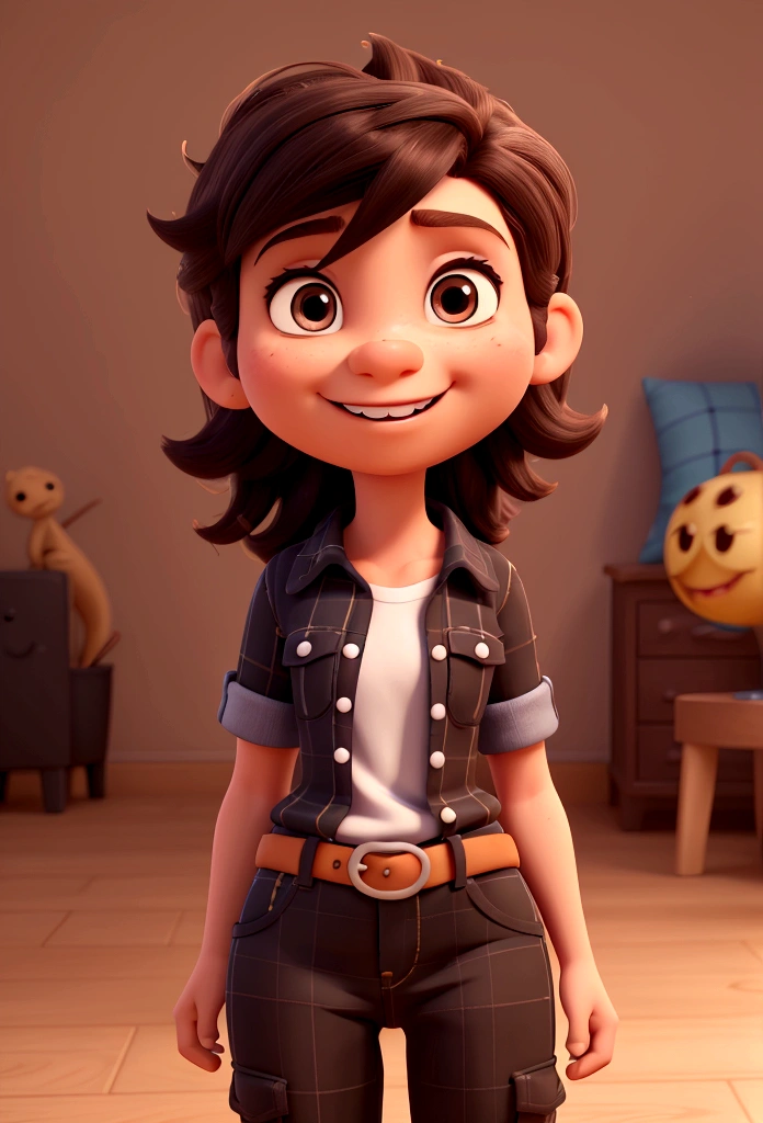 Cartoon character of a baby less than 1 year old, brown eyes and hair, the hair is straight but with a slight wavy on top, has a toothless smile with just two teeth, His clothes are a black plaid shirt and blue jeans., on the belt a buckle and a brown boot, stylized character, animation style rendering, 3d stylized, Arnold Maya rendering, Stylized 3D rendering, toon render screenshot, 3d character, 3d character, Stylized 3D rendering, 3D character rendering, cartoon character, Personagem de close up, character posing, (Pixar-style) (master part:1.2) (bokeh) (best qualityer) (skin detailed) (detailed texture) (8K) (Argilla) (cinematic lighting) (sharp focus，Sit down and lift your upper body