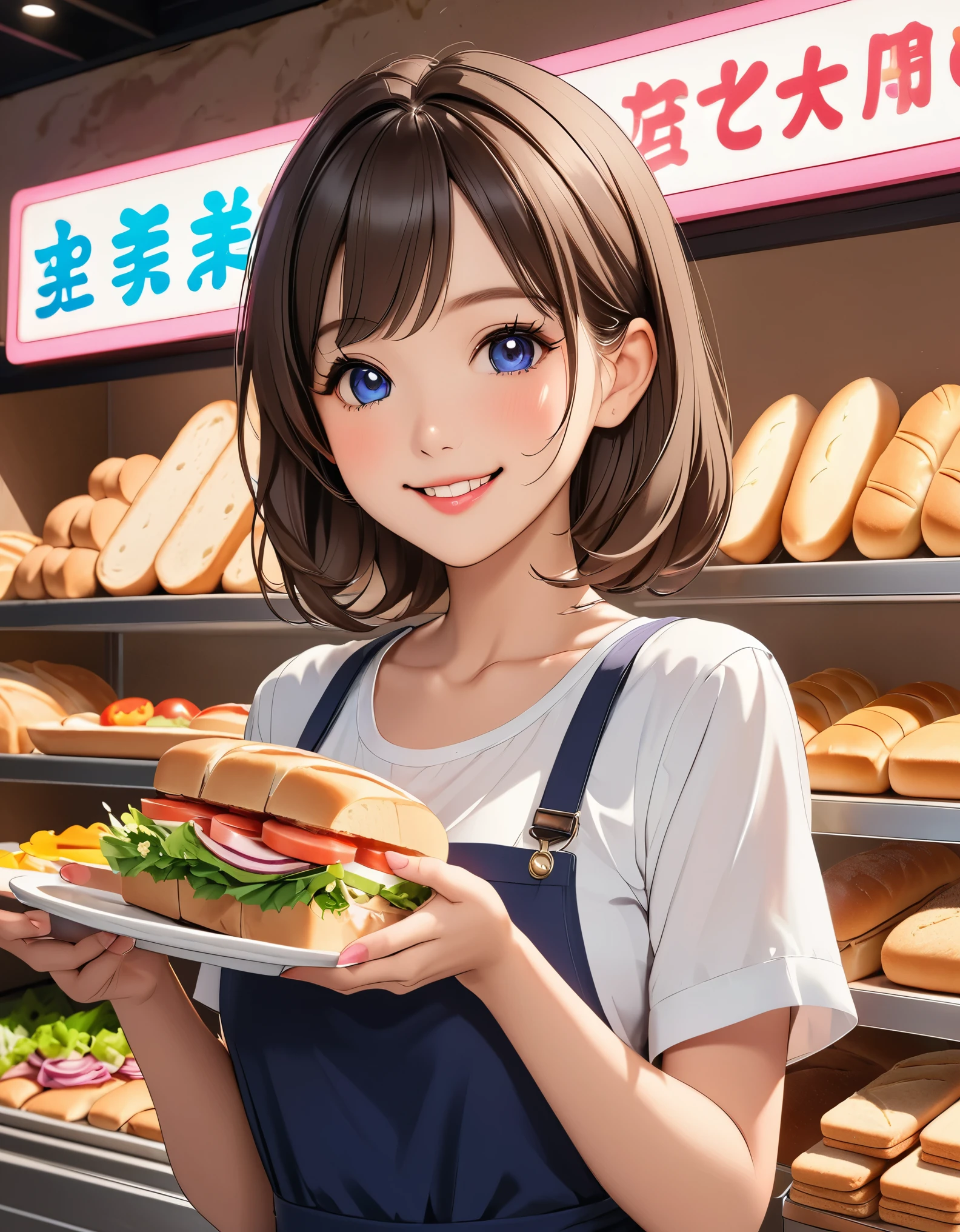 Bread店,A pretty girl,Female shop assistant,happy smile,beautiful face,制作Sandwiches,_Give,A cute bear shop sign on the wall,小熊Bread,neon light,Bread,biscuit,Sandwiches,Salad,Bottled drinks,anime,Nice background,Depth of Field,CG unity,Hand drawn illustration,