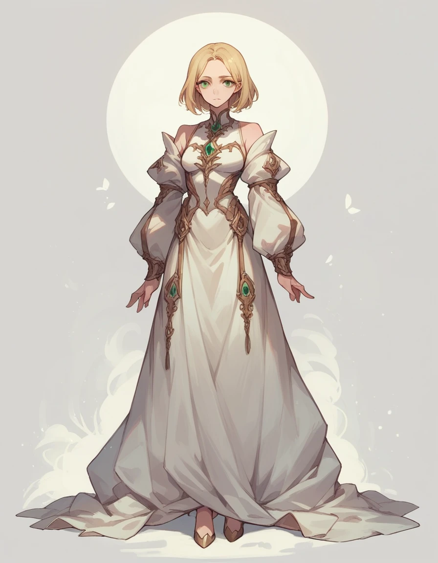A beautiful, extremely detailed and dynamic girl with stinking green eyes, and blonde medium hair, wearing a character costume, standing against a simple, plain white background with thick outlines, full body portrait, facing forward