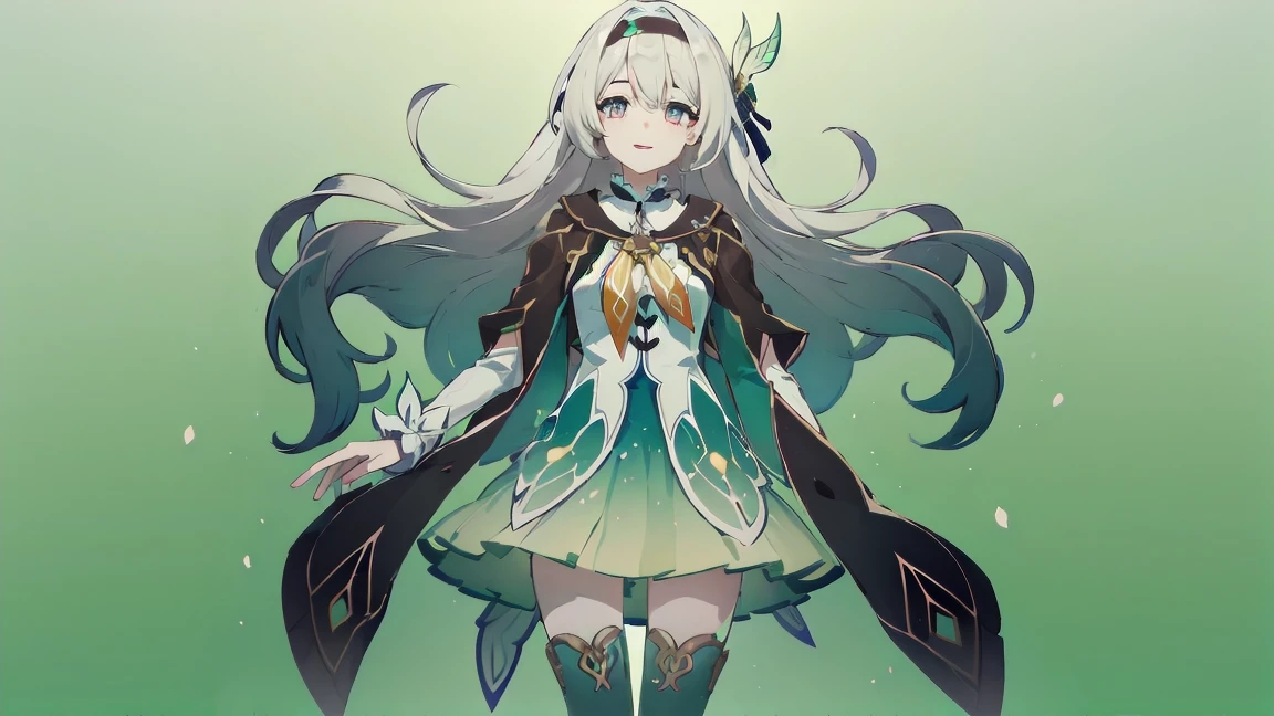 1girl, firefly \(honkai: star rail\), solo, black thighhighs, hairband, gradient skirt, hair ornament, blouse, frilled collar, cropped jacket, yellow neckerchief, standing, smile, ecstasy, green background,