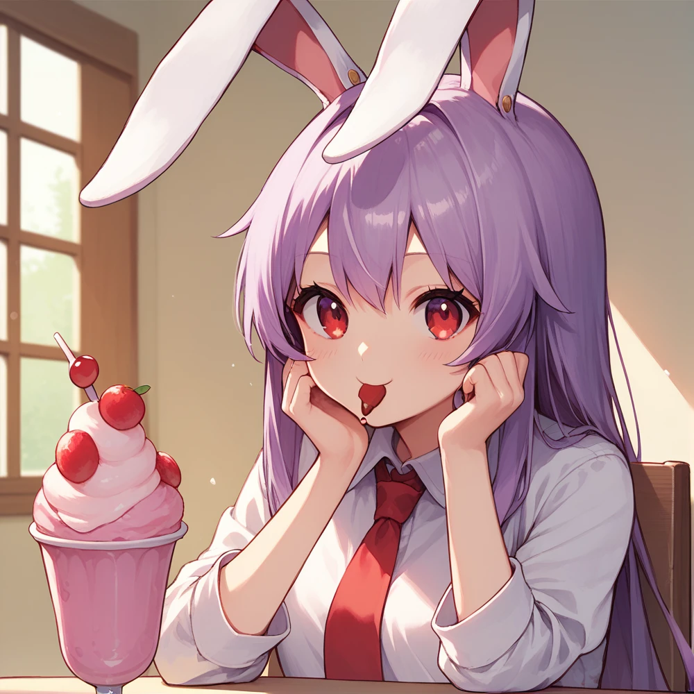 score_9, score_8_up, score_8, score_9, 1 girl,  source_anime,  reisen udongein inaba, purple hair, red eyes, rabbit ears, rabbit girl, long hair, portrait, white shirt, red necktie, sitting table, eating sundae