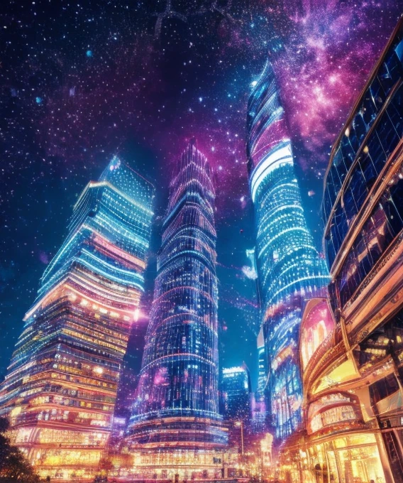 Music score playback、Colorful musical scores are played、Cute Girl Characters、 Night view from a high place、Drawing a large number of skyscrapers, Look up at the starry sky. Surround her with colorful nebulae and colorful metropolises.