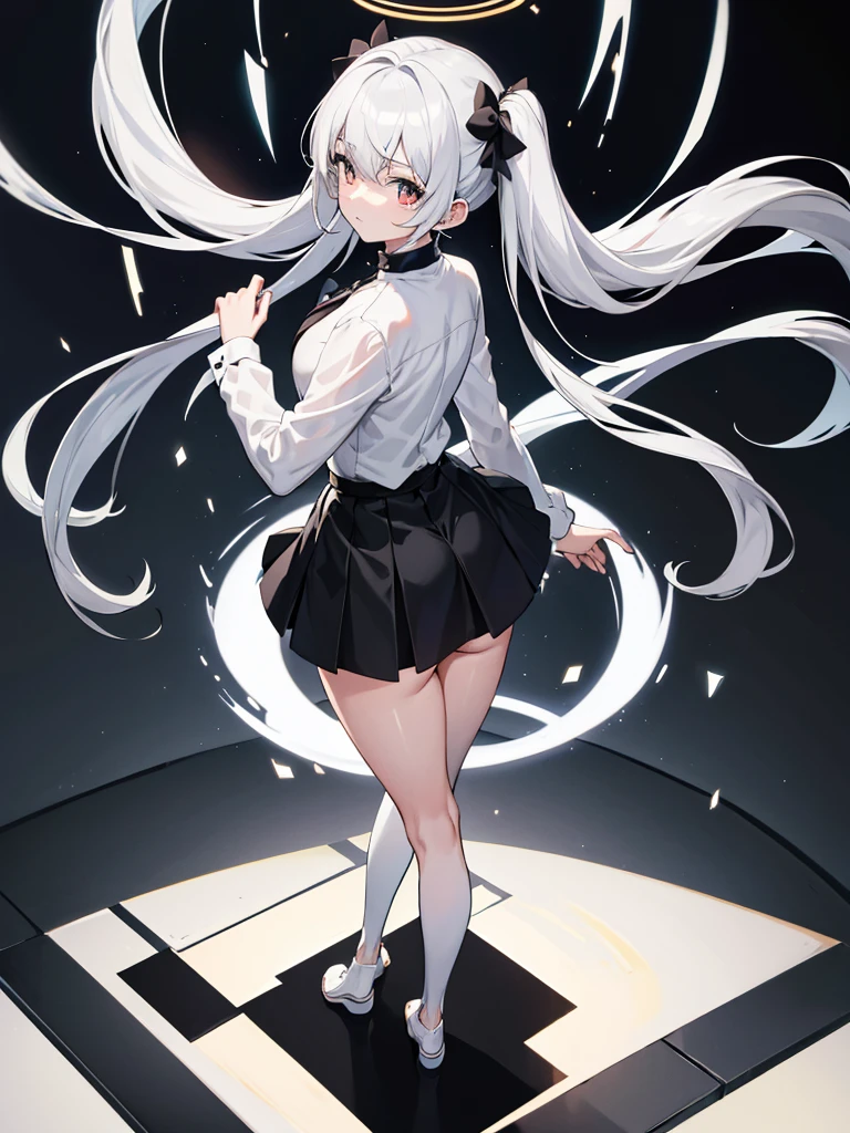 White capellets、Black high neck shirt、 black tights, full body、looking back, from above、clear face, silver hair, twintails, Black tight mini skirt, anime, tachi-e, masterpiece, best quality, 4K